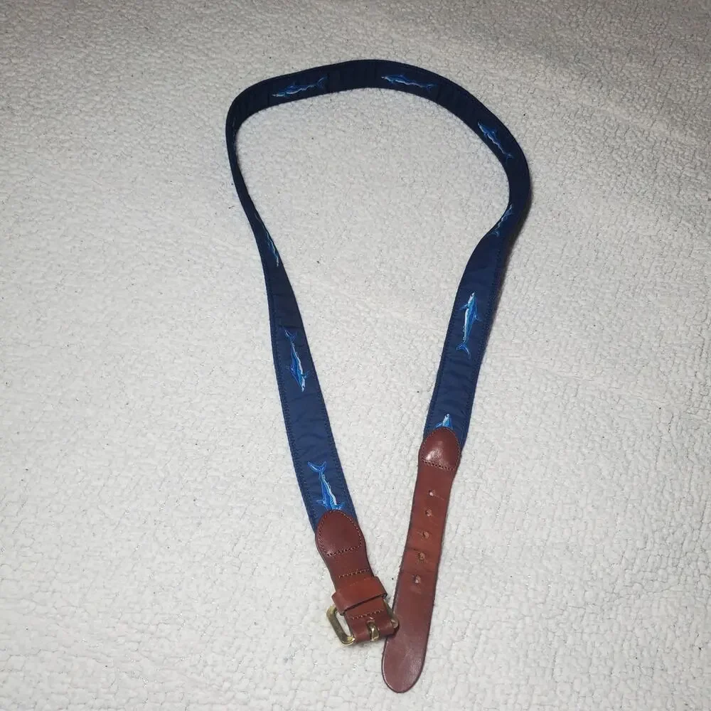 Leather Man Ltd. Fabric Shark Print Belt - Handmade in Essex, CT Preppy Coastal